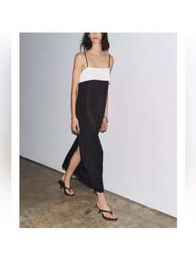 Zara Black and White Slip Maxi Dress with Spaghetti Straps